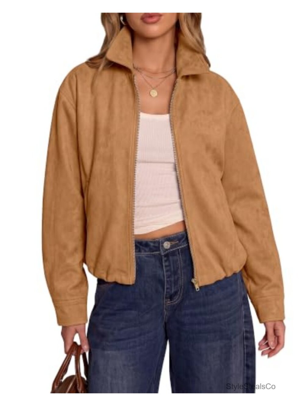 Faux Suede Zip Up Bomber Jacket Women Oversized Cropped Fall Coat